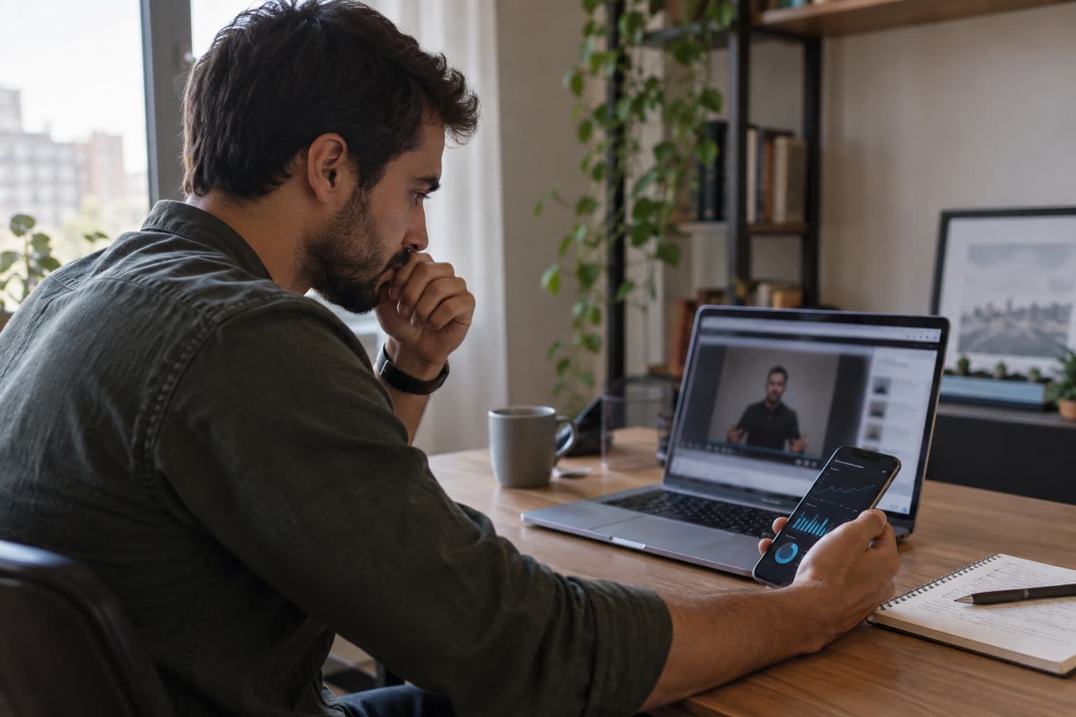 Produtor analisando uma VSL aberta no notebook e métricas no celular